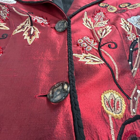 Anage Too Womens Red Silk Embroidered Blazer Jacket Medium Lined Two-Button - Picture 6 of 11